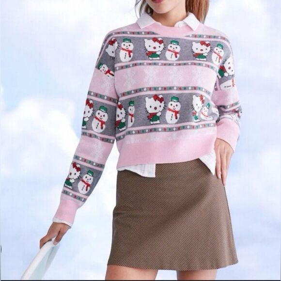 Women's Hello Kitty Sweater Snowmen & Snowflake Graphic Knit Isle Style  Pink - Picture 1 of 11